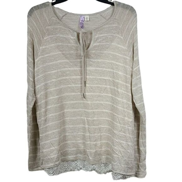 Alya Abby Hacci Lace Combo Stripe Top Beige Lightweight Sweater Tie Super Soft - Picture 1 of 9